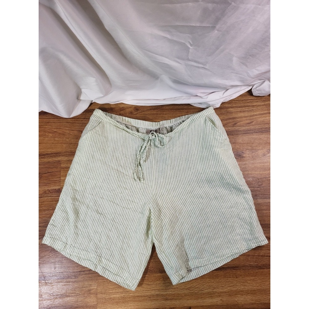 Flax 100% Linen Green White Stripe Size Large Drawstring Shorts